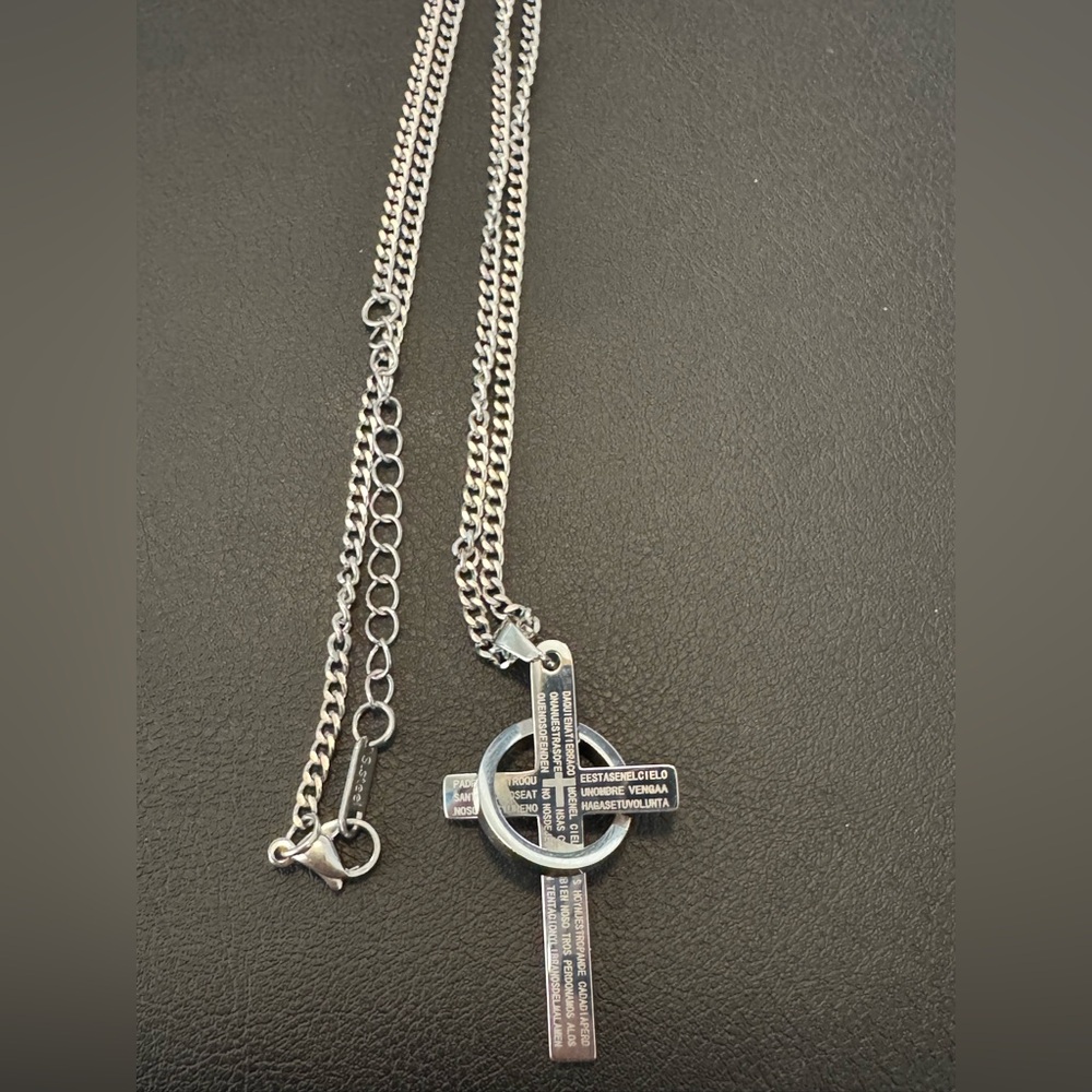 Men’s stainless steel silver cross with Our Father prayer